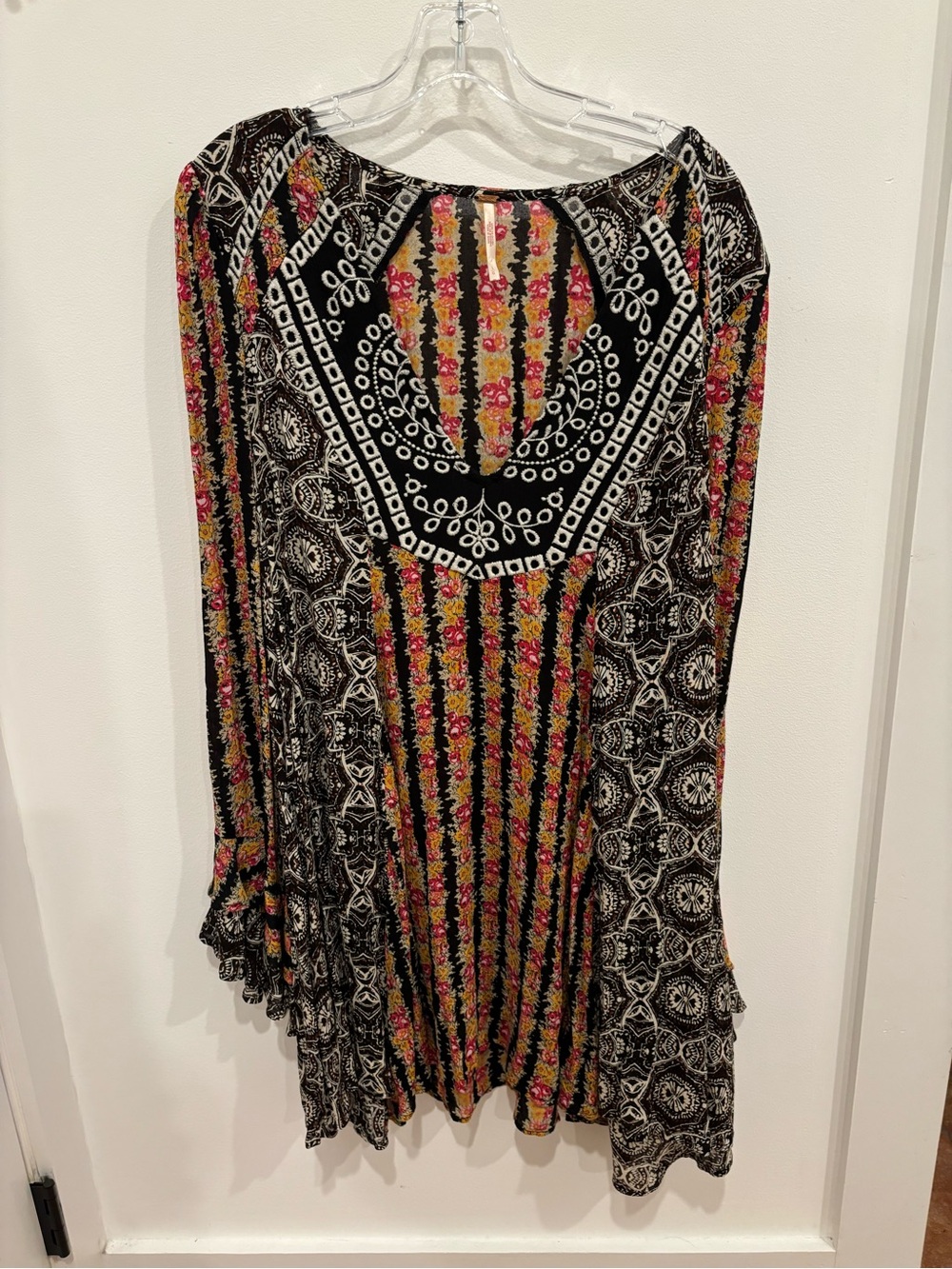Free People Fallin Into You Tunic Dress  Black Combo Womens L Bell Sleeve Boho - Picture 4 of 14